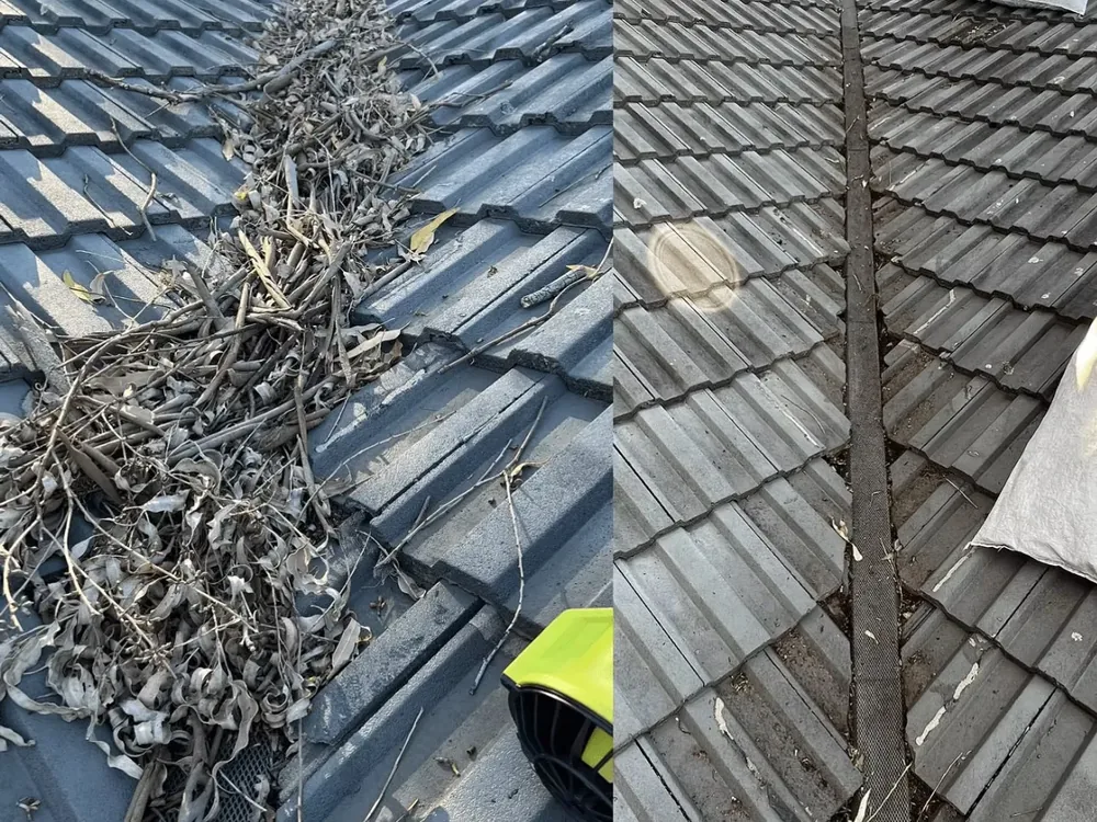 Gutter and roof valley before and after cleaning in Melbourne's Eastern Suburbs