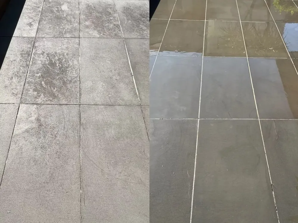 Paved patio before and after pressure washing in Melbourne