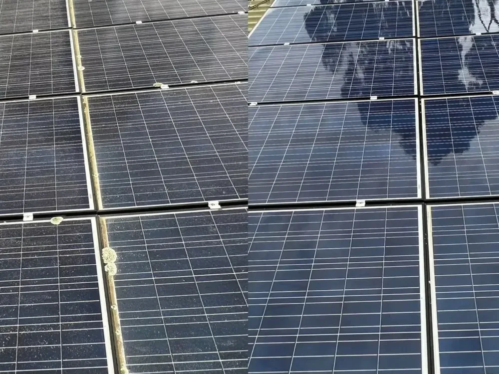 Solar panels before and after cleaning on a Melbourne rooftop