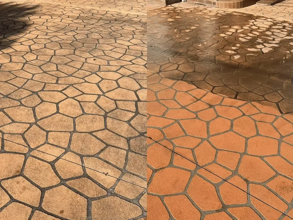 Stamped concrete before and after pressure washing in Melbourne